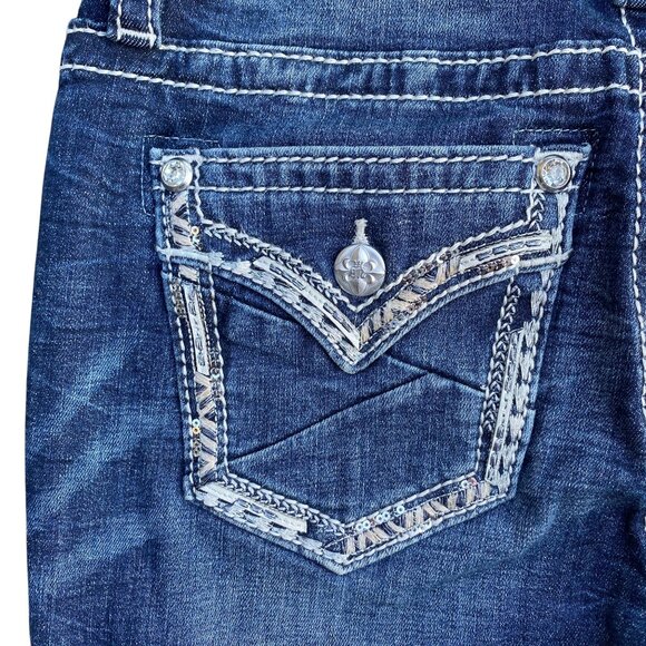 Miss Me Curvy Boot Denim Jeans Sz 27 Rhinestone Western Statement Mid-Rise - Picture 9 of 16
